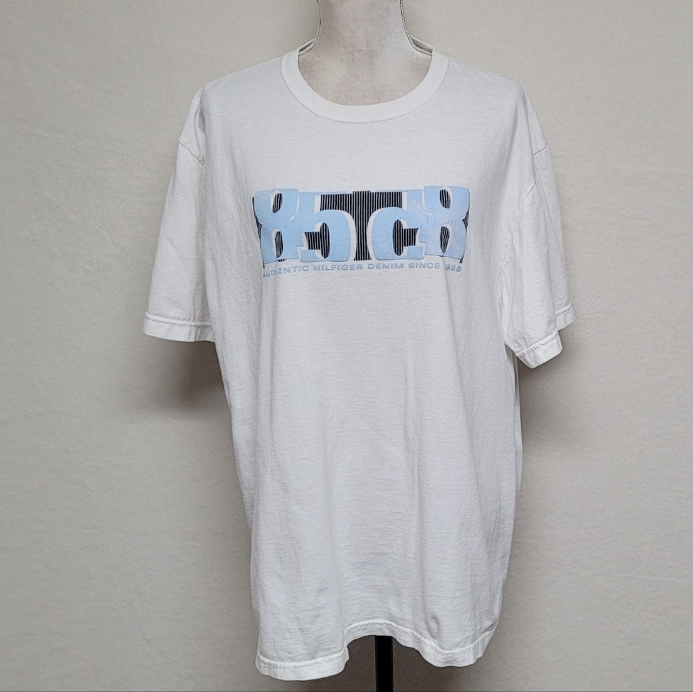 90s Vintage Tommy Hilfiger Unisex Spell Out 85 White Cotton Crewneck Tee T-shirt